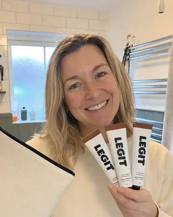 Lucy holding a tube of Legit