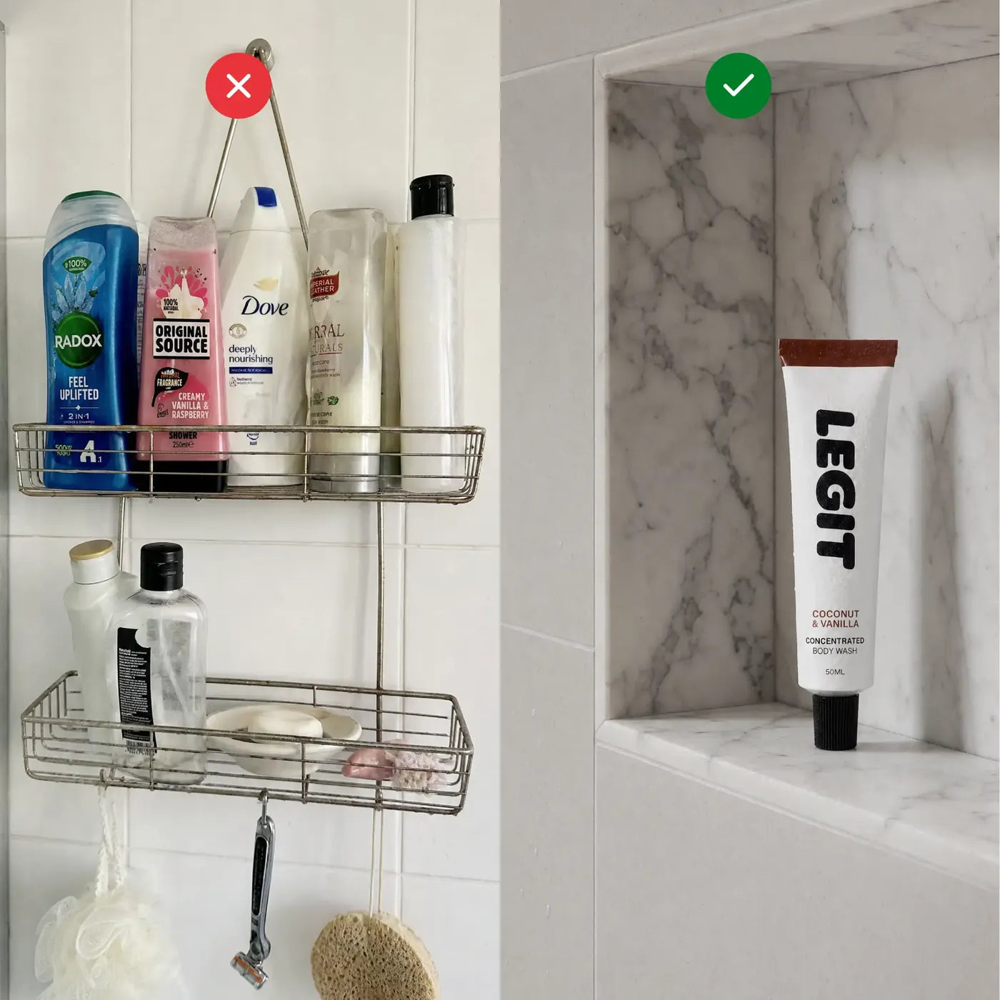 A cluttered shower caddy full of plastic bottles versus a single LEGIT 50ml tube in a marble shower niche