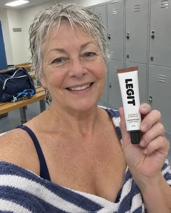 Janice holding a tube of Legit