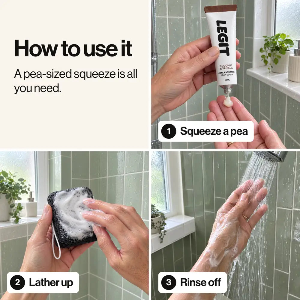 How to use it: squeeze a pea, lather up, rinse off.