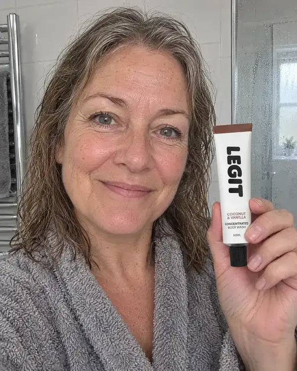 Helen holding a tube of Legit