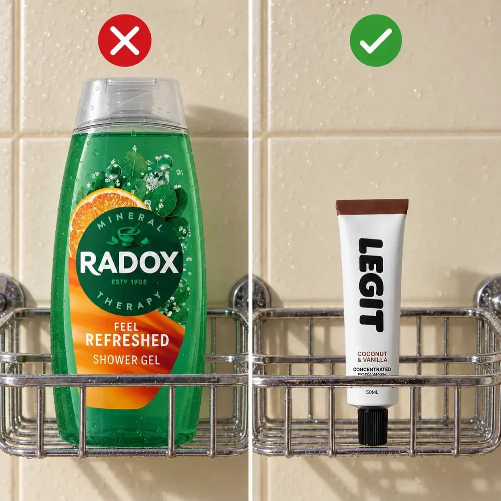 A big plastic bottle of shower gel in a shower caddy, marked with a cross, next to a single Legit 50ml tube, marked with a tick