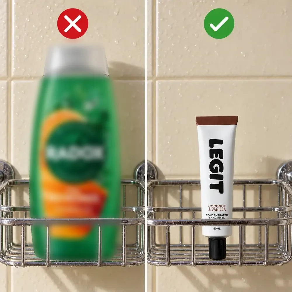A big plastic bottle of shower gel in a shower caddy, marked with a cross, next to a single Legit 50ml tube, marked with a tick