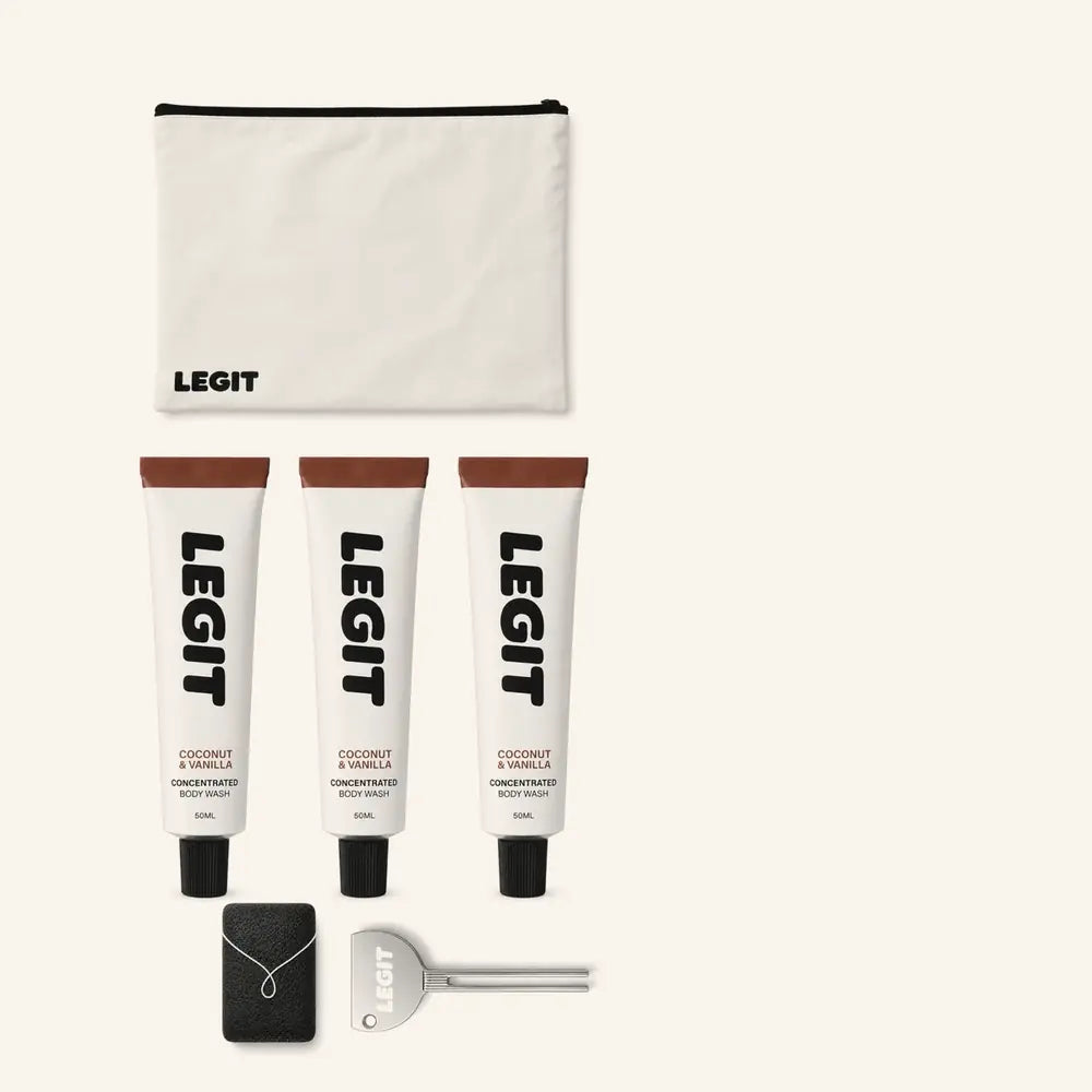 The Starter Kit: three tubes of Concentrated Body Wash, a Wash Bag, a Konjac Sponge and a Squeeze Tool