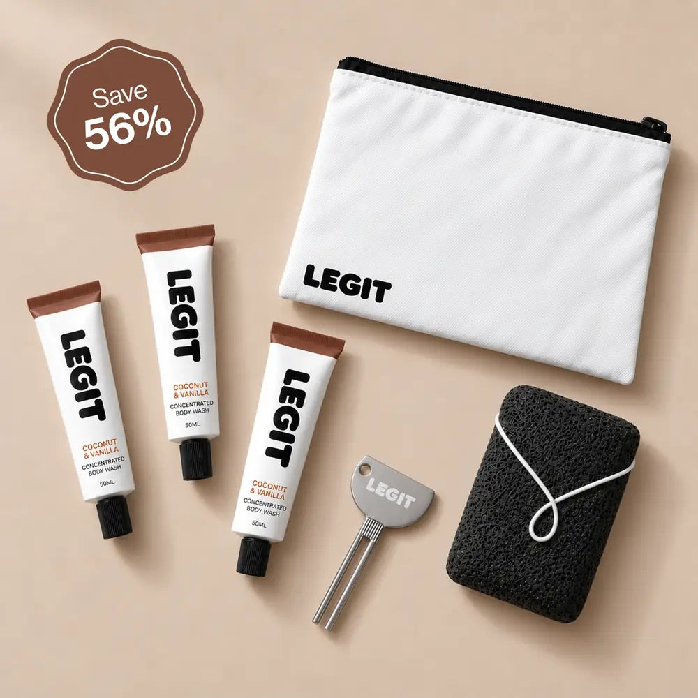 The Starter Kit: three tubes of Concentrated Body Wash, a Wash Bag, a Konjac Sponge and a Squeeze Tool