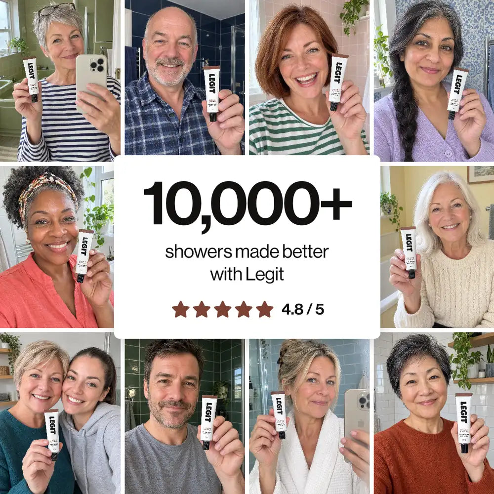 People holding their Legit tubes. 10,000+ showers made better with Legit, rated 4.8 out of 5.