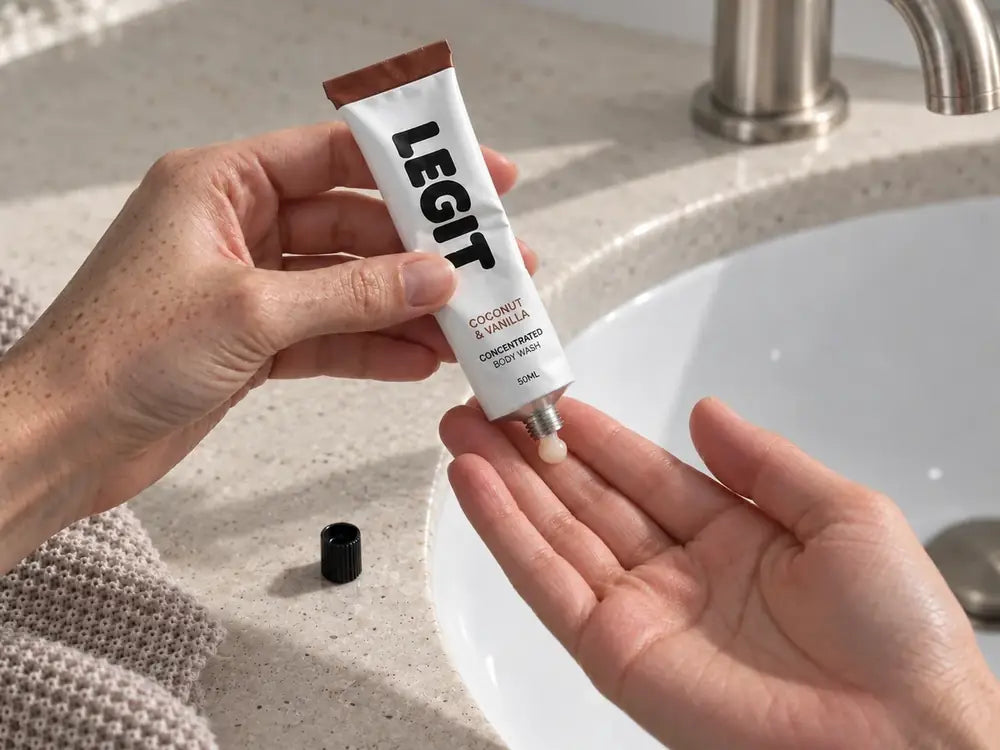 A pea-sized amount of body wash squeezed from the tube into an open palm