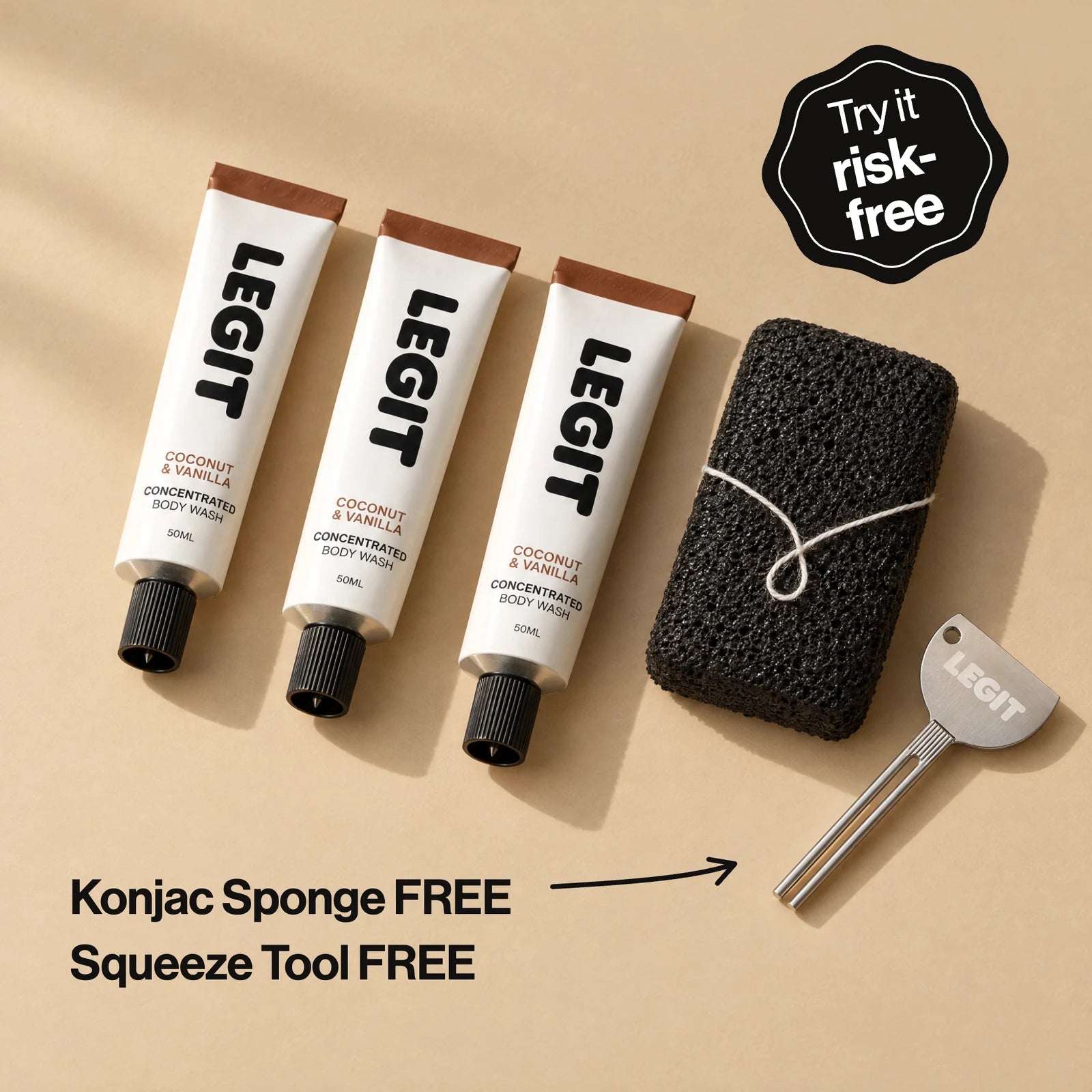 Everything in the 3-tube kit: three tubes of Concentrated Body Wash in Coconut & Vanilla, plus a FREE Konjac Sponge and a FREE Squeeze Tool. Try it risk-free.